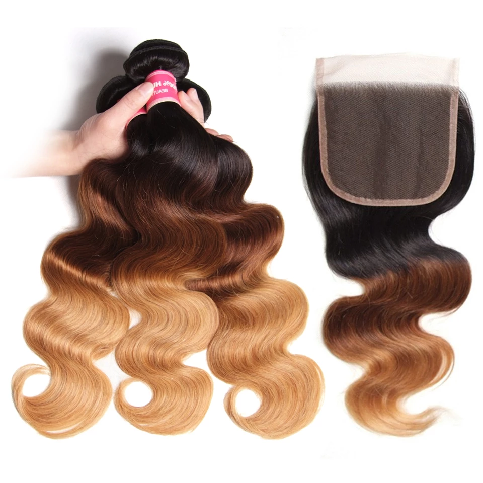 Ombre 1b/4/27 Body Wave 3 Bundles with 4x4 lace Closure Human Hair