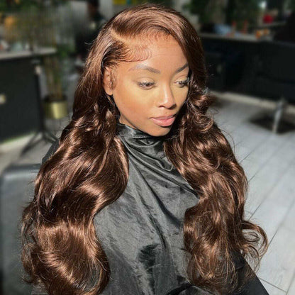 New Chocolate Brown Wig Body Wave 13x6 Full Lace Drawstring Wig Pre Plucked Natural Hairline 250% Density