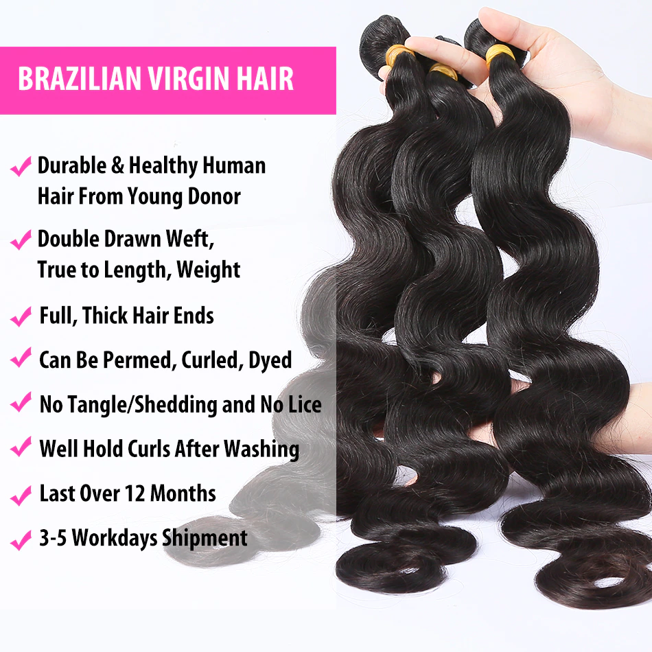 (B1) Body Wave Bundles Human Hair 3 Bundles Natural Black Color Brazilian Virgin Weave Bundles Hair Extensions